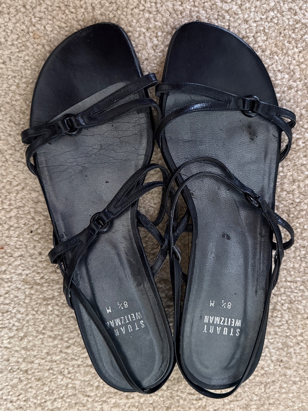 Stuart Weitzman Black Strappy Sandals Size 8.5 M Block Kitten Heel